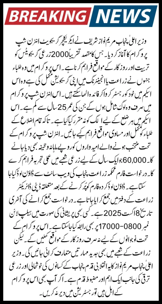 Maryam Nawaz Agriculture Internship Program Phase 2 2025: Golden Opportunity for 2000 Young Graduates In Punjab